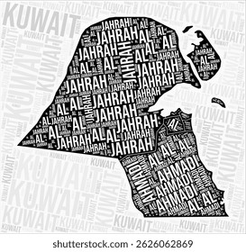Kuwait regions map word cloud. Kuwait region names. Black and white map design. Creative vector illustration.