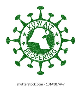 Kuwait Reopening Stamp. Green round badge of country with map of Kuwait. Country opening after lockdown. Vector illustration.