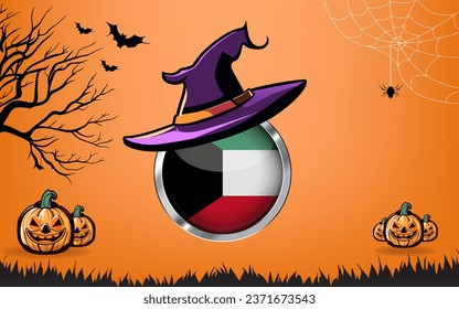 kuwait round flag with Happy Halloween banner or party invitation background. bats, spiders and pumpkins, orange background