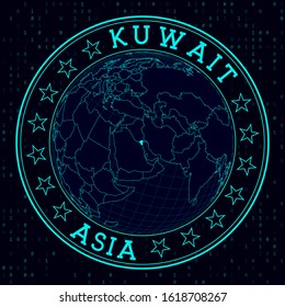 Kuwait round sign. Futuristic satellite view of the world centered on Kuwait. Country badge with map, round text, and binary background. Vibrant vector illustration.