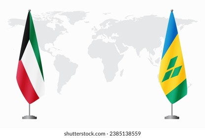 Kuwait and Saint Vincent and the Grenadines flags for official meeting against background of world map.