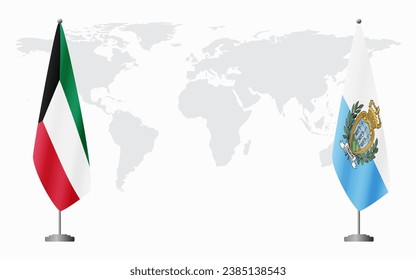 Kuwait and San Marino flags for official meeting against background of world map.