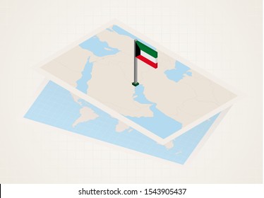 Kuwait selected on map with isometric flag of Kuwait. Vector paper map.