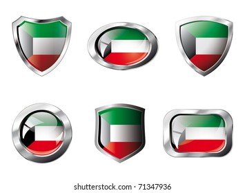 Kuwait puso brillantes botones y escudos de bandera con marco metálico - ilustración vectorial. Objeto abstracto aislado contra fondo blanco.