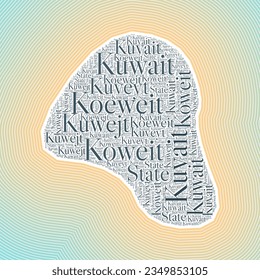 Kuwait shape formed by country name in multiple languages. Kuwait border on stylish striped gradient background. Vibrant poster. Vibrant vector illustration.