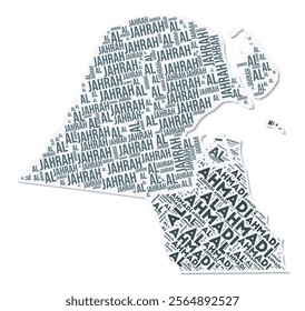 Kuwait shape text cloud. Country border with shadow on white background. Kuwait with regions division in vintage gazette style. Vibrant vector illustration.