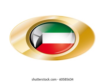 Kuwait shiny button flag with golden ring vector illustration. Isolated abstract object against white background.
