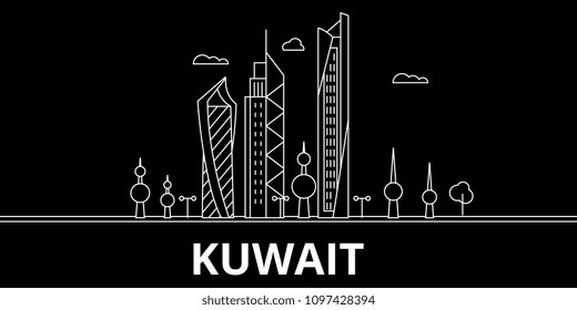 Kuwait silhouette skyline, vector city, kuwaiti linear architecture, buildings. Kuwait line travel illustration, landmarkflat icon, kuwaiti outline design banner