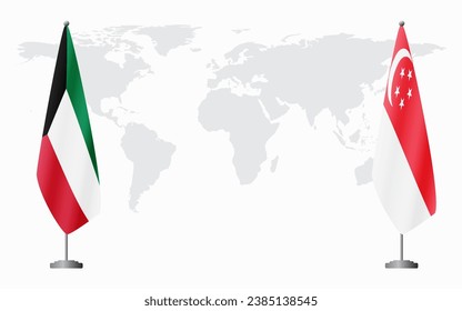 Kuwait and Singapore flags for official meeting against background of world map.