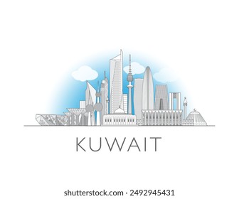 Ilustración vectorial de estilo de arte de línea de paisaje urbano de Kuwait