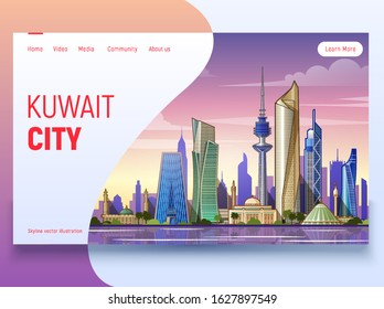Kuwait skyline. Landing Page Template. Flat vector illustration with most famous buildings. Business travel and tourism concept with modern buildings. Image for banner or web site. 