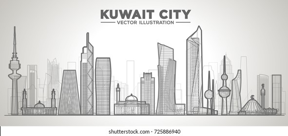 Kuwait skyline with panorama in white background. Vector Illustration. Business travel and tourism concept with modern buildings. Image for presentation, banner, web site.