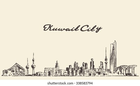 Kuwait skyline, vector vintage engraved illustration, hand drawn