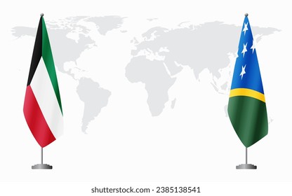 Kuwait and Solomon Islands flags for official meeting against background of world map.