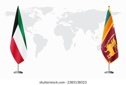Banderas de Kuwait y Sri Lanka para una reunión oficial en el fondo del mapa mundial.