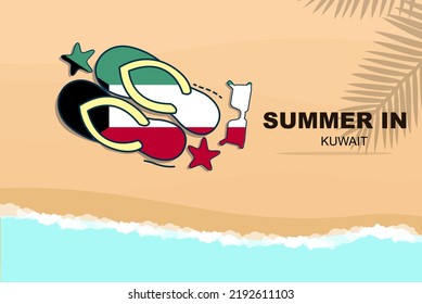 Kuwait Sommerurlaub Vektorbanner, Beach-Urlaubskonzept, Flip Flops Sonnenbrillen Sterne auf Sand, Kopienraum-Bereich, Kuwait Sommerreise und Tourismus Idee mit Flagge