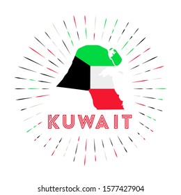 Kuwait sunburst badge. The country sign with map of Kuwait with Kuwaiti flag. Colorful rays around the logo. Vector illustration.