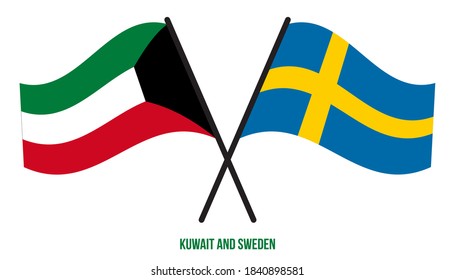 Kuwait and Sweden Flags Crossed And Waving Flat Style. Official Proportion. Correct Colors.