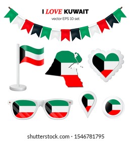 Kuwait symbols attributes. Heart, flags, glasses, buttons and garlands with civil and state Kuwait colors. Vector illustration for your graphic design.