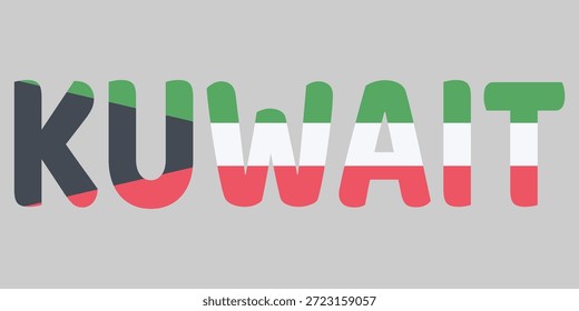 Diseño de texto de Kuwait con colores de bandera nacional. Las letras verdes, blancas y rojas se superponen a una forma trapezoidal negra. La ilustración gráfica representa la identidad, la cultura y el patriotismo kuwaitíes. Tipografía creativa sobre un fondo gris neutro. Visualización moderna para viajes, orgullo nacional, temas del patrimonio de Oriente Medio.