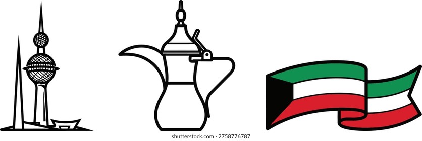 Kuwait tower coffee pot flag ribbon vector art