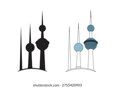 The Kuwait Towers are a group of three thin towers in Kuwait City. Colorful towers and like black silhouette. Isolated on white background