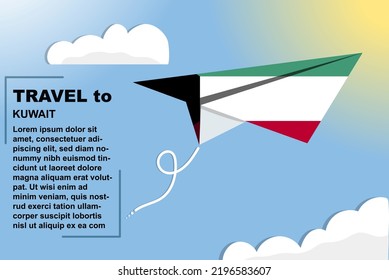 Kuwait travel vector banner with paper flag and text space, Kuwait country flag on paper plane, holiday and vacation concept, summer travel template and pattern, flight ticket idea