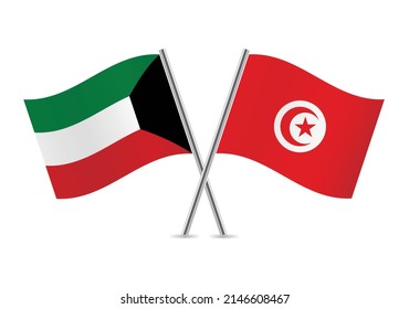 Kuwait y Túnez cruzaron banderas. Banderas kuwaitíes y tunecinas de fondo blanco. Conjunto de iconos del vector. Ilustración vectorial.