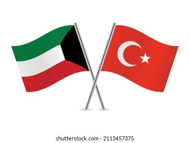 Kuwait and Turkey flags. Kuwaiti and Turkish flags, isolated on white background. Vector illustration.