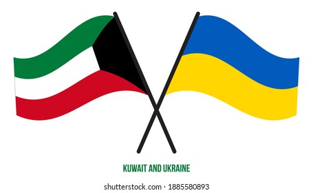 Kuwait and Ukraine Flags Crossed And Waving Flat Style. Official Proportion. Correct Colors.