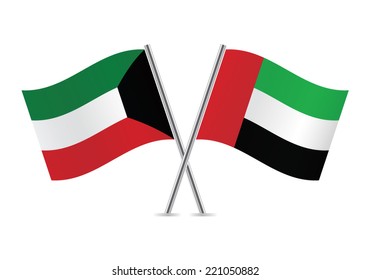 Kuwait and the United Arab Emirates crossed flags. Kuwaiti and UAE flags, isolated on white background. Vector illustration.
