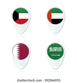 Kuwait, United Arab Emirates, Qatar, Saudi Arabia flag location map pin icon. Vector Illustration.
