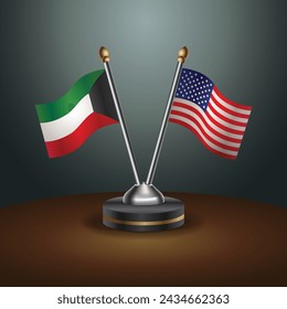 Kuwait and United States table flags with gradient backgrund. Vector Illustration
