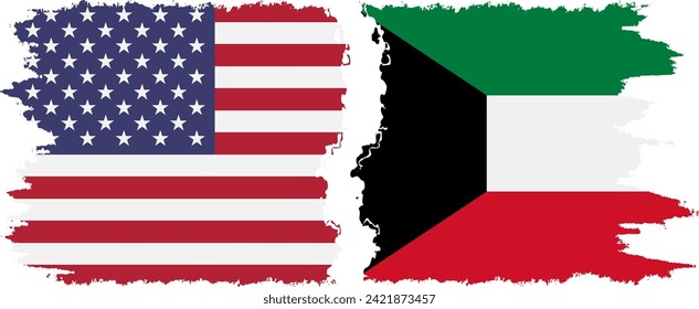 Kuwait and USA grunge flags connection, vector