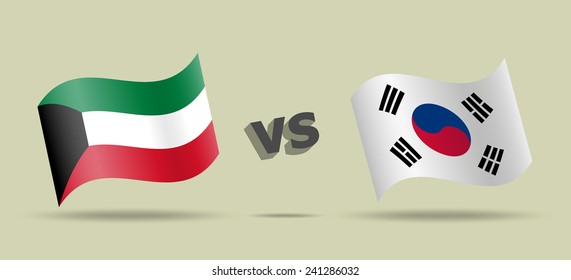 Kuwait versus South Korea, waving flag with shadow, vector icon