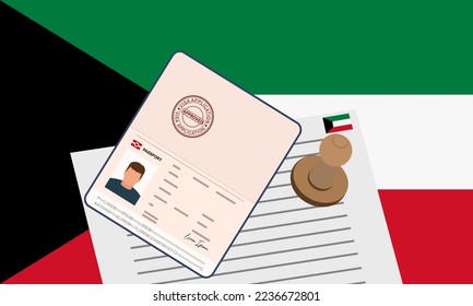 Kuwait visa, open stamped passport with visa approved document for border crossing. Immigration visa concept. Background with Kuwait flag. vector illustration