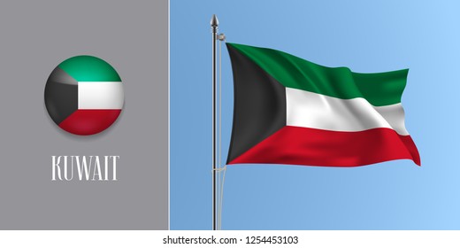 Kuwait waving flag on flagpole and round icon vector illustration. Realistic 3d mockup of tricolor of Kuwaiti flag and circle button 