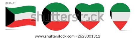 Kuwait waving flag, round circle sticker badge, heart shaped icon, map pin. Kuwaiti flag buttons of different shapes. Vector illustration isolated on white.