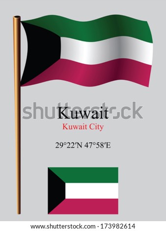 kuwait wavy flag and coordinates against gray background, vector art illustration, image contains transparency