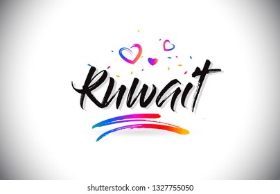 Kuwait Welcome To Word Text with Love Hearts and Creative Handwritten Font Design Vector Illustration.