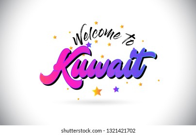 Kuwait Welcome To Word Text with Purple Pink Handwritten Font and Yellow Stars Shape Design Vector Illusration.