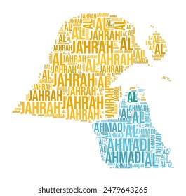 In: Kuwait Word Cloud. Country-Form mit Bereichsunterteilung. In: Kuwait typography style Bild. Regionsnamen kennzeichnen Wolken. Vektorillustration.