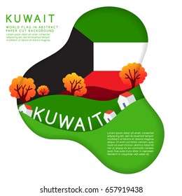 Kuwait : World Flag in paper cut shapes with trees and mountains in the layers : Vector Illustration