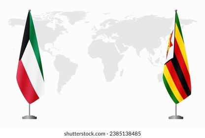 Kuwait and Zimbabwe flags for official meeting against background of world map.