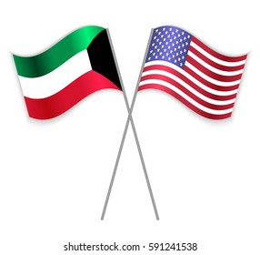 Kuwaiti and American crossed flags. Kuwait combined with United States of America isolated on white. Language learning, international business or travel concept.