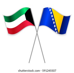 Kuwaiti and Bosnian crossed flags. Kuwait combined with Bosnia and Herzegovina isolated on white. Language learning, international business or travel concept.