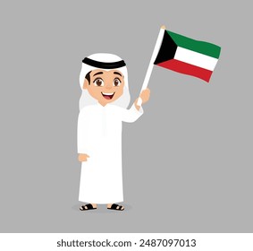 Niño kuwaití con la bandera de Kuwait