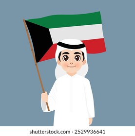 Muchacho kuwaití que sostiene la bandera de Kuwait