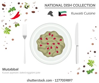 Kuwaiti Cuisine. Middle East national dish collection.  Mutabbal isolated on white, infograpic. Vector illustration
