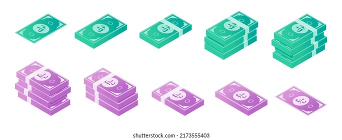 Kuwaiti Dinar Banknote Isometric Icon Set